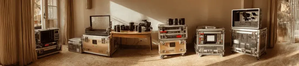 A room used for filming in Israel, equipped with cameras, lenses, monitors, audio equipment, and storage cases neatly organized on tables and rolling cases, sunlight streaming in through a window with curtains.