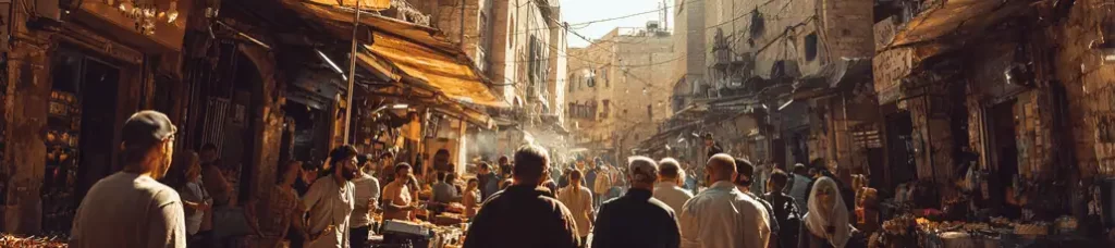 A bustling outdoor market in a narrow, sunlit street with people browsing stalls, surrounded by old, weathered buildings and awnings hanging overhead—perfect for filming in Israel.