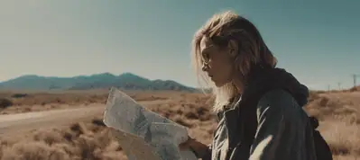 A woman with blonde hair wearing a jacket and carrying a backpack stands in a dry, open landscape, looking at a map. Mountains and a clear blue sky set the scene, perfect for filming in Tunisia.