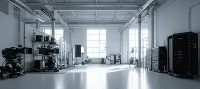 A spacious, modern studio with high ceilings, large windows, and bright natural light—perfect for filming in Lebanon. Various photography and video equipment, shelves, and carts are arranged neatly along the walls.
