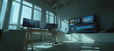 A modern office with large windows and sunlight streaming in, featuring multiple computer monitors on desks, an office chair, and a large screen displaying video editing software for filming in Israel.