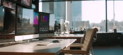 A modern office workspace with large computer monitors on a wooden desk, an empty office chair, and floor-to-ceiling windows letting in natural light, overlooking a cityscape—ideal for filming in Israel.
