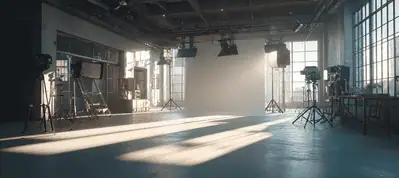 Spacious, sunlit photo studio with large windows, empty white backdrop, and professional lighting equipment—perfect for filming in Mexico or capturing your next creative project.