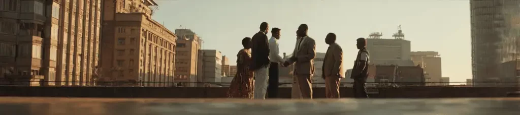 Six people stand in a circle on a rooftop or terrace in a city, engaged in conversation as the sun sets over tall buildings—filming in South Africa adds unique urban energy to the scene.