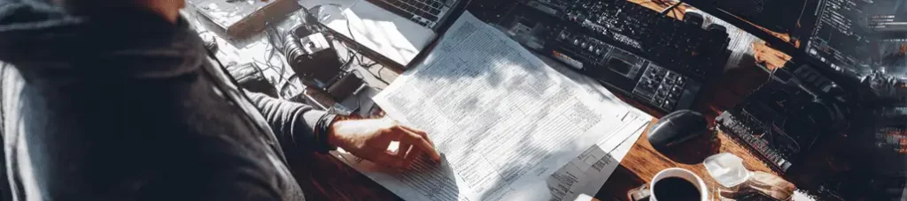 A person sits at a cluttered desk with electronics, a laptop, and a keyboard, reading a newspaper. Sunlight streams in as they sip coffee, preparing for filming in South Africa.