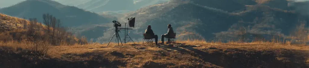 Two people sit in camping chairs on a mountaintop, filming in South Korea with scenic mountains behind them. The ground is dry and grassy, creating a peaceful and remote atmosphere that highlights the natural beauty of the location.