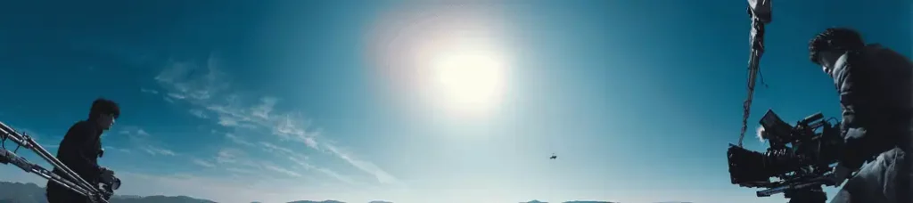 A film crew is filming in South Korea, shooting a scene outdoors under a bright sun. One person stands on the left while another operates a large camera on the right, with mountains and a clear blue sky in the background.