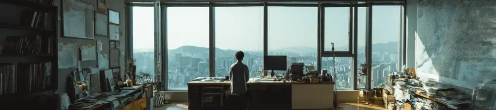 A person sits at a desk in a spacious office filled with books and papers, facing large windows that overlook a sprawling cityscape and distant mountains under a clear sky, evoking the energy of filming in South Korea.