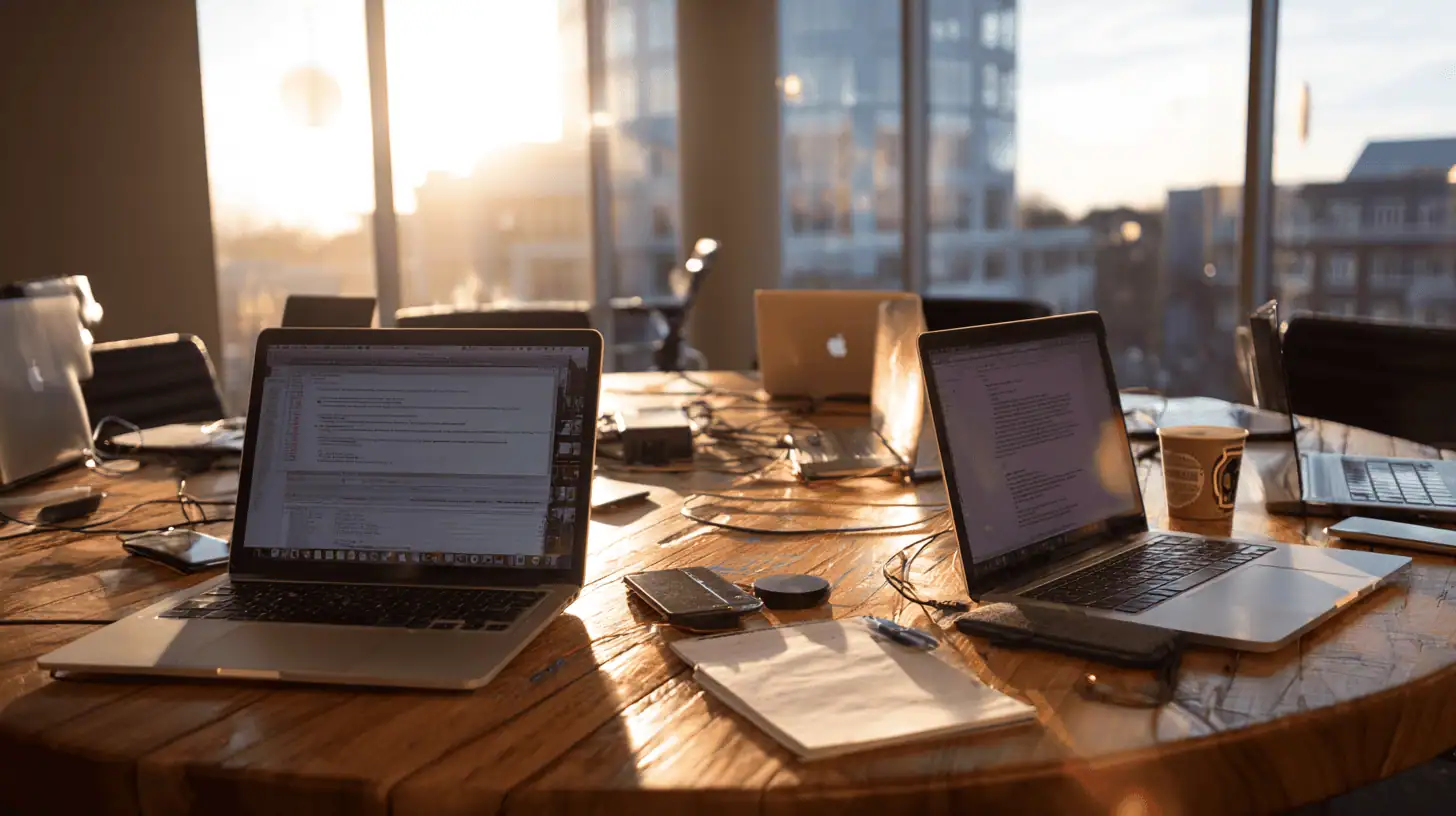 A sunlit office meeting room with large windows, featuring open laptops, papers, pens, and a coffee cup, sets the stage for a pre-production planning session; city buildings are visible outside the round wooden table.