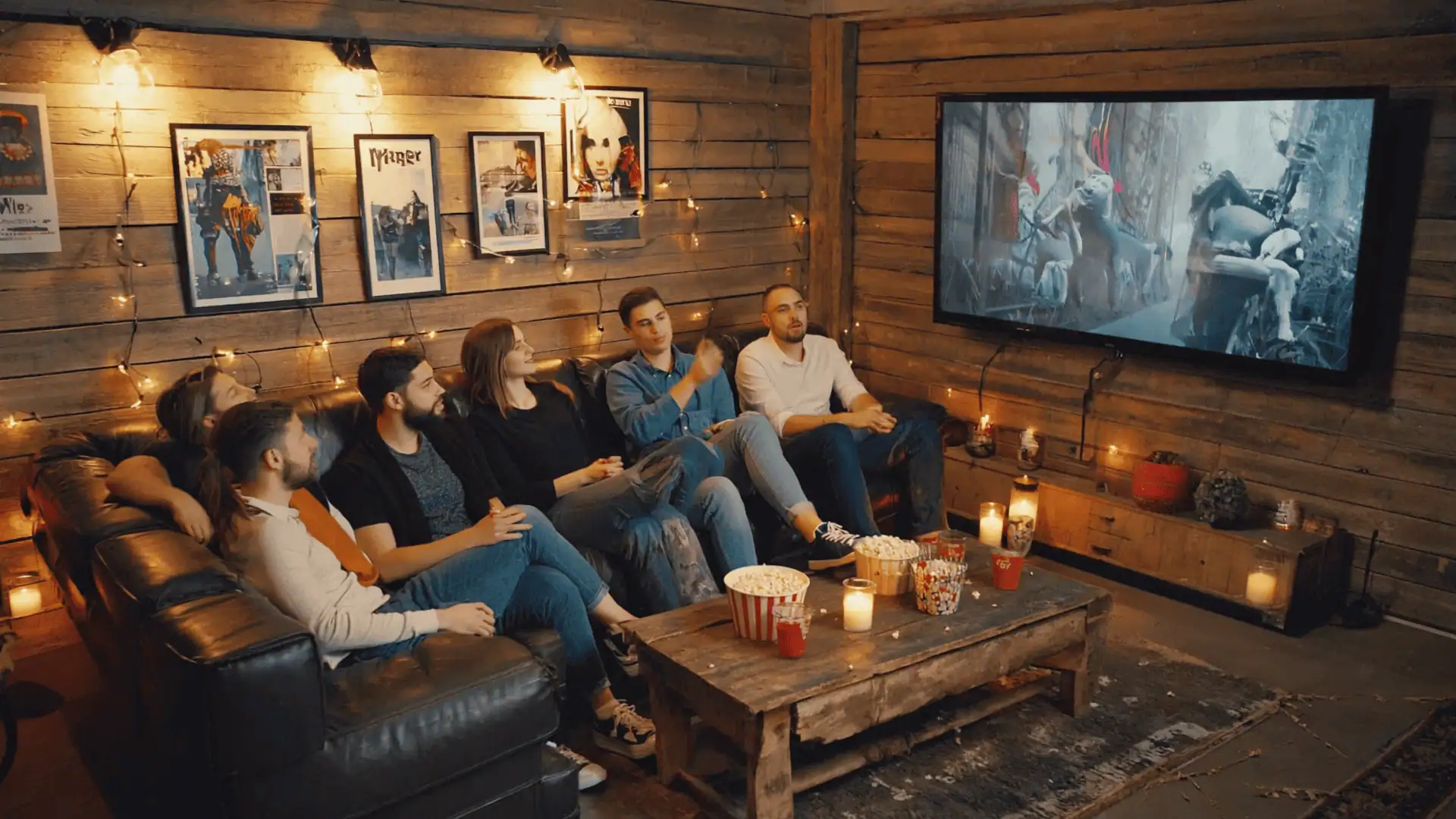 Six people sit on couches in a cozy, wood-paneled living room decorated with movie posters, enjoying super sequels we love on a wall-mounted TV. Popcorn, drinks, and candles are on the coffee table in front of them.