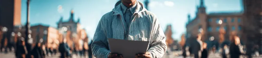 A person in a light-colored jacket holds a large piece of paper while standing outdoors in a city square, possibly filming in Sweden, with historic buildings and people blurred in the background.