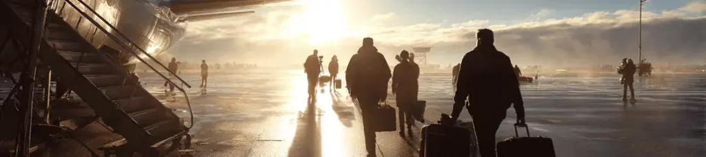 Travelers carrying luggage walk across a wet airport tarmac toward an airplane at sunrise or sunset, filming in Sweden with the sun shining brightly and casting long shadows.