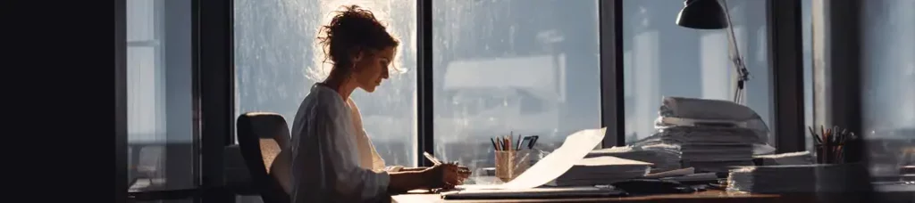 A woman sits at a desk in an office, writing on papers with a pencil. Sunlight streams through large windows behind her, illuminating stacks of documents—capturing a serene moment of daily life while filming in Sweden.