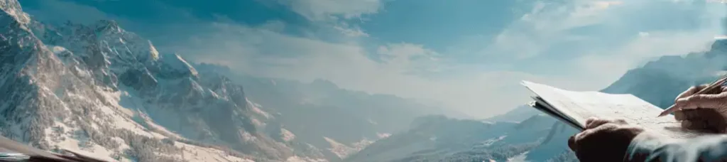 A person writes in a notebook while overlooking a vast, snow-covered mountain landscape under a partly cloudy sky, capturing the inspiration of filming in Switzerland.