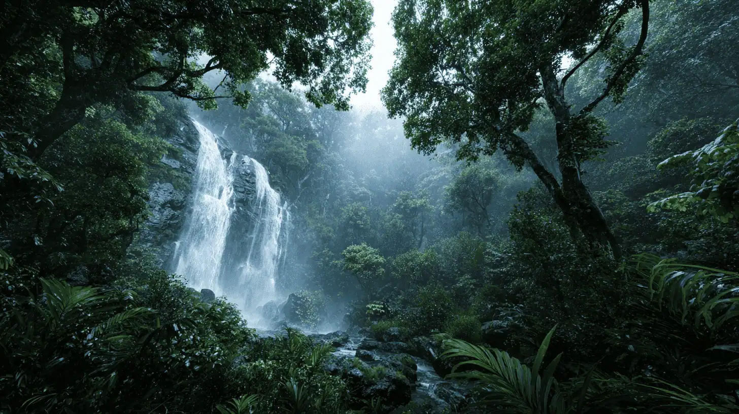 A lush, green rainforest with dense foliage surrounds a tall, cascading waterfall. Mist rises as sunlight filters through the thick canopy, creating a serene atmosphere—one of the top filming locations for capturing nature’s breathtaking beauty.