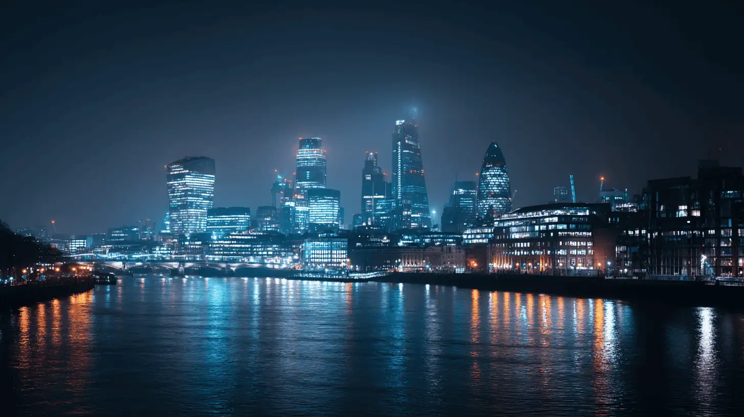 A nighttime cityscape of London, with illuminated skyscrapers and buildings reflecting on the River Thames under a dark sky—an inspiring view often captured by top TV production companies London amidst glowing blue and yellow lights.