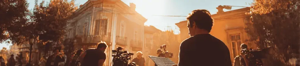 A film crew is filming in Atlanta outdoors in warm sunlight, surrounded by old buildings and trees. One person in the foreground holds a script, while cameras and equipment are set up around the scene.