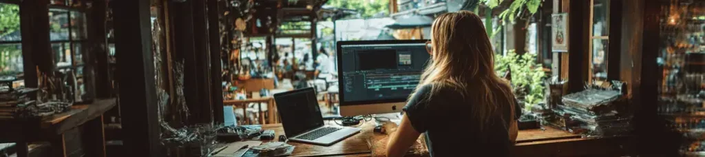 A person with long hair works on video editing software at a desktop computer in a cozy, rustic café with large windows, filming in Vietnam, and a lively outdoor seating area visible in the background.