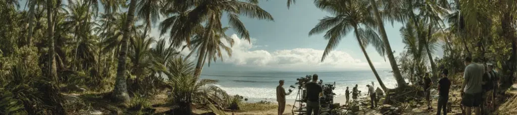 A film crew sets up equipment and cameras among tall palm trees on a tropical beach, with the ocean and blue sky visible in the background, capturing the essence of filming in Vietnam.