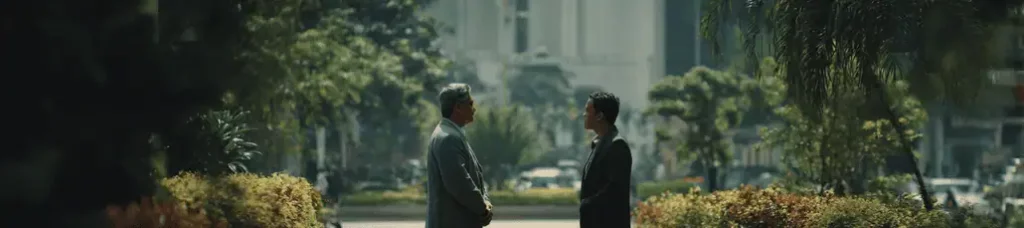Two people in business attire stand facing each other and talking outdoors on a city street, surrounded by greenery and trees, with buildings visible in the background—perfect for filming in Vietnam.