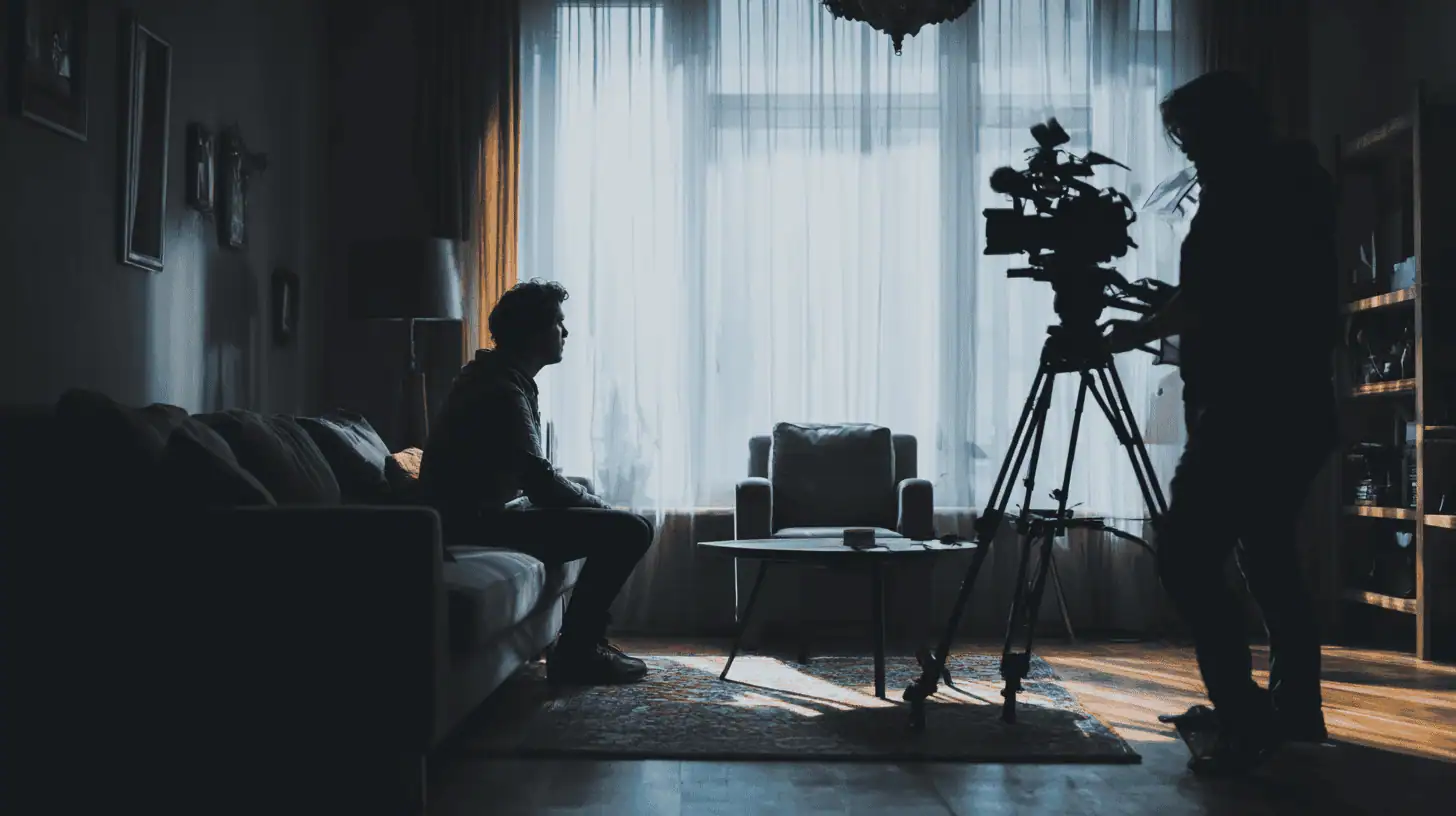 A person sits on a couch in a dimly lit room while another stands behind a video camera on a tripod, filming them for a documentary production in front of a large window with sheer curtains.