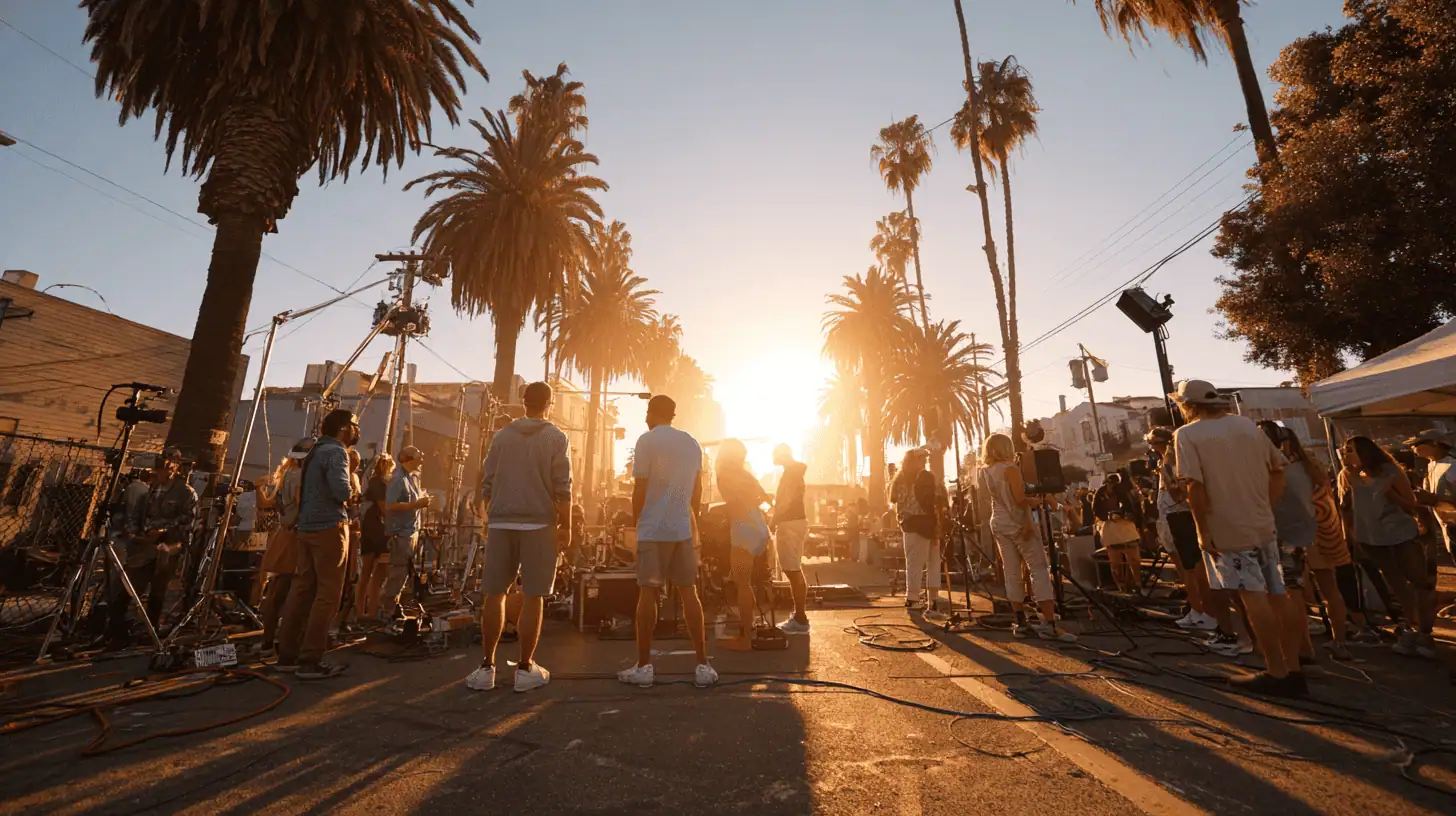 A film crew works outdoors on a city street at sunset, surrounded by palm trees, cameras, film industry gear, and lights, with the sun shining brightly in the background.