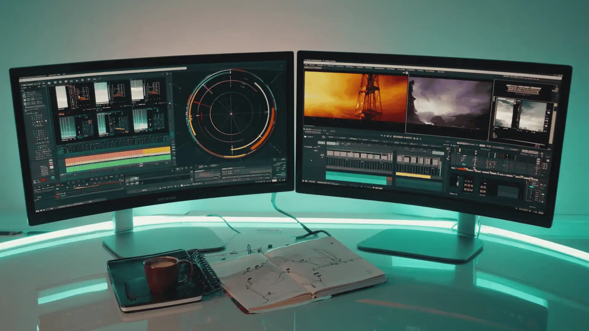 A modern desk setup with two large monitors displaying video editing software, a notebook with sketches, and a cup of coffee—perfect for navigating the stages of post production, all illuminated by teal LED lights.