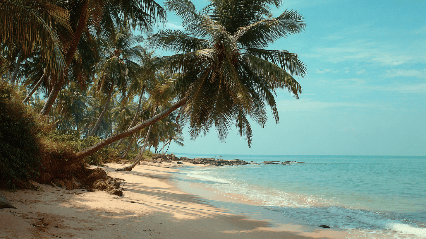 A tranquil tropical beach with soft sand, turquoise water, and tall palm trees leaning over the shore under a clear blue sky—an ideal filming location where rocks line the coastline and gentle waves lap at the sand.