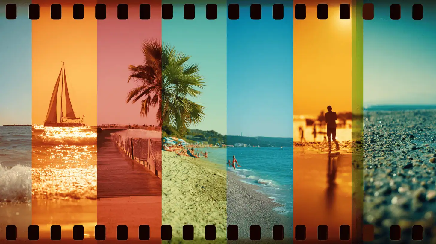 A stylized film strip with six vertical panels showcasing vibrant Summer Movie Moments—sailboats, palm trees, a lively boardwalk, people on sand, swimmers, and a close-up of pebbles capture the spirit of summer blockbusters.