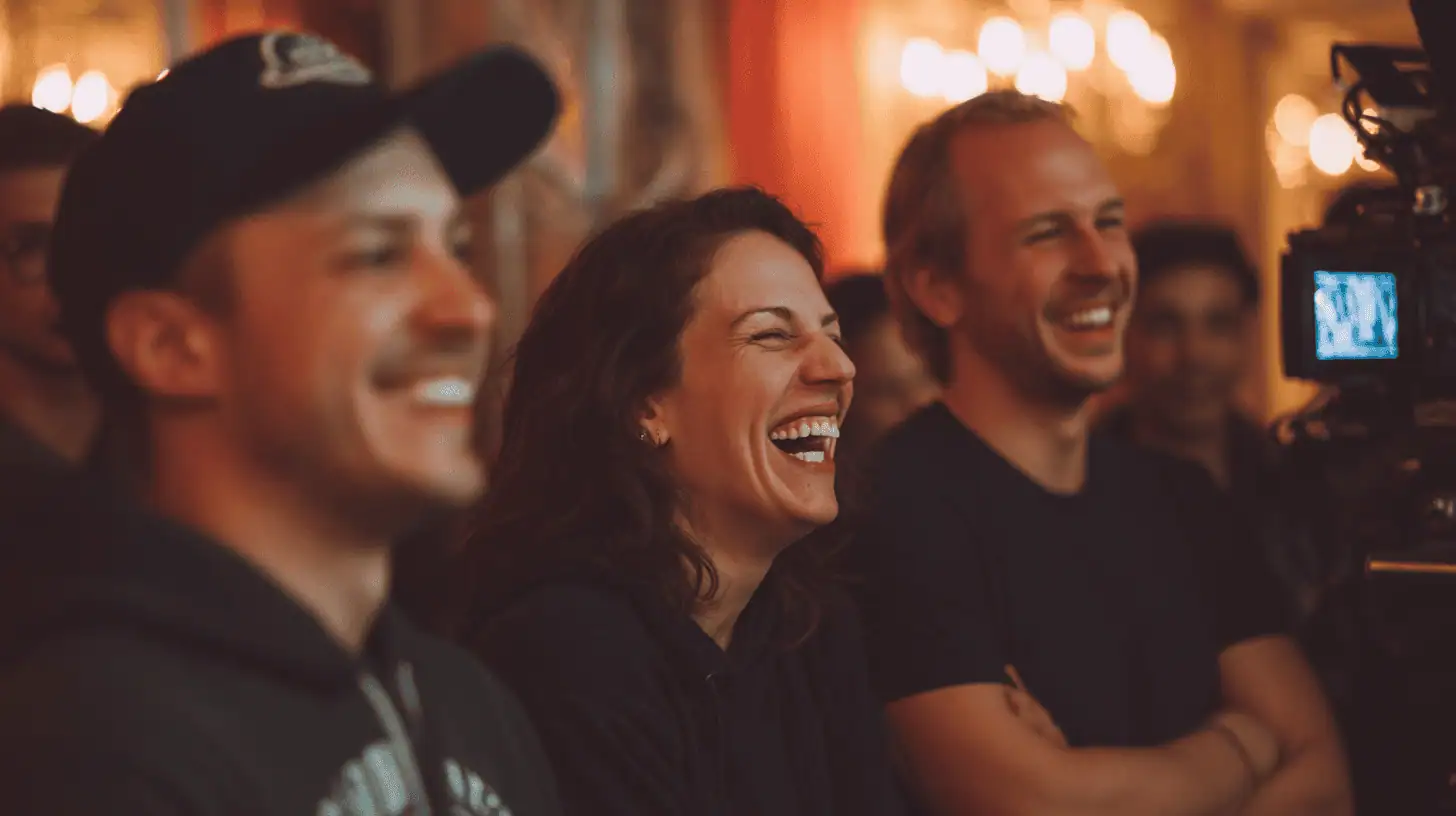 Three people are standing together indoors, smiling and laughing while looking in the same direction, likely sharing stories about video mishaps. The background is softly lit with warm lights, creating a joyful and relaxed atmosphere.
