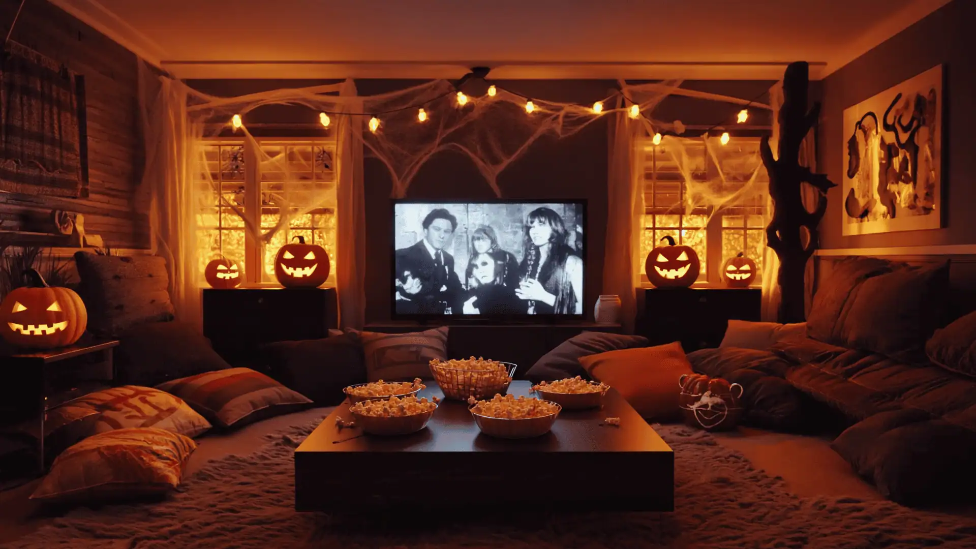 A cozy living room decorated for Halloween with string lights, spider webs, and glowing jack-o-lanterns, bowls of popcorn on the table, while a black-and-white Halloween movie plays on the TV—perfect for a night of watching the best Halloween movies.