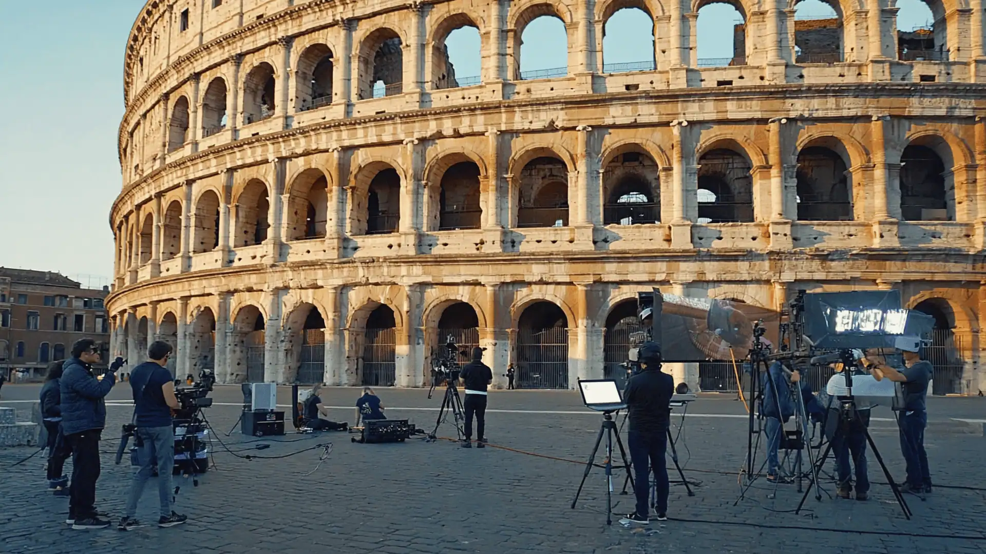 A film crew sets up cameras and lighting equipment outside the Colosseum in Rome, showcasing one of the top 5 film industry trends: on-location shoots with iconic landmarks under clear skies. Crew members work as the ancient structure looms in the background.