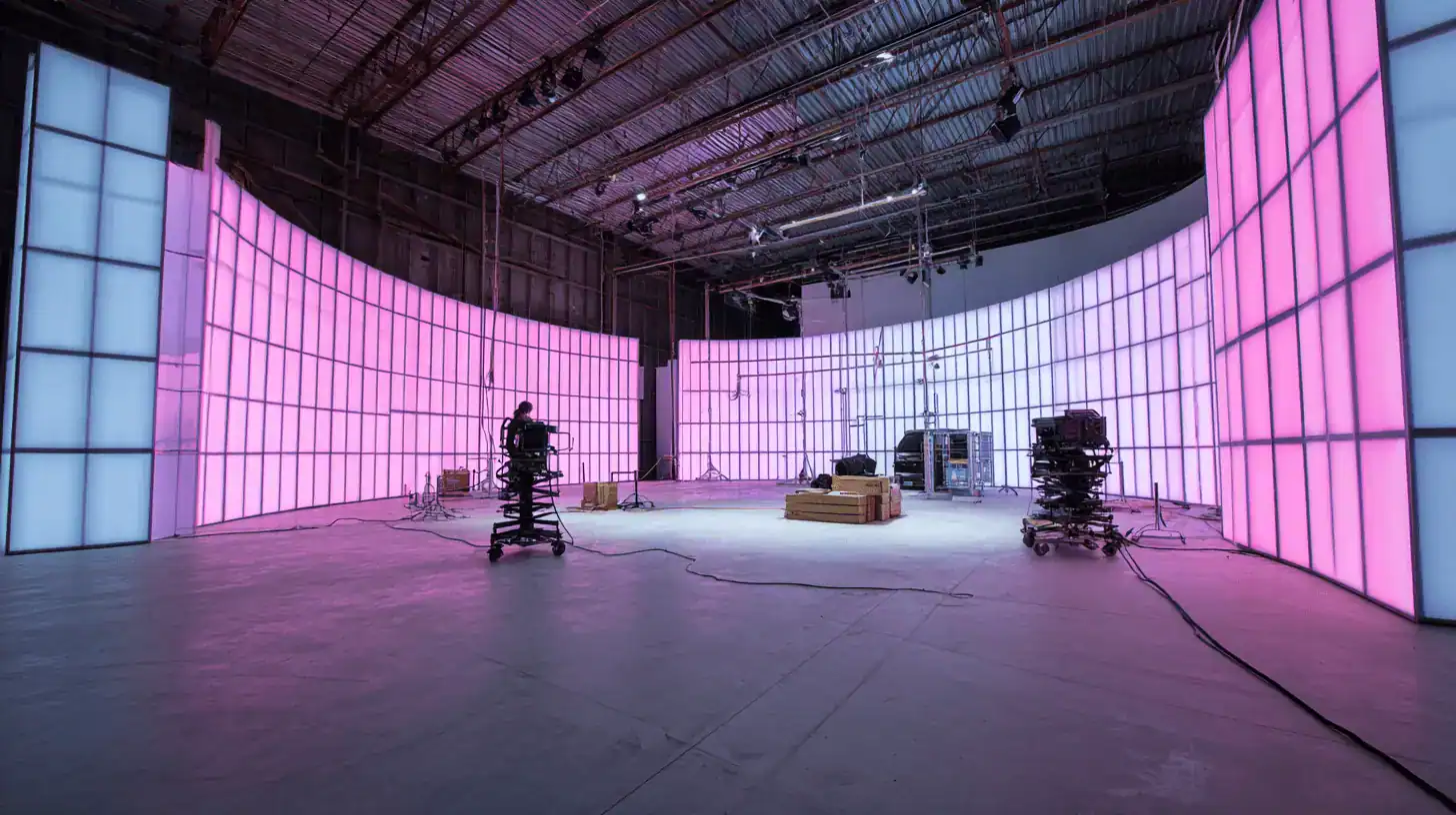 A large studio with curved walls illuminated by pink and white lights, film equipment, cameras on tripods, scattered cables, and some boxes and chairs in the center showcases top filming trends in a modern production setting.