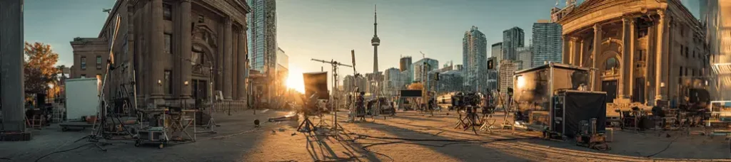A city street is transformed into a film set at sunset, with equipment, spotlights, and crew scattered around. Modern skyscrapers and a domed building stand under a golden sky—capturing the magic of filming in Toronto.