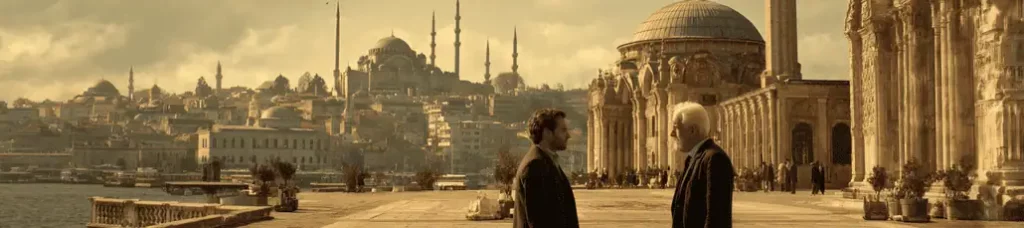 Two men stand and talk near ancient stone columns with a view of Istanbul’s skyline, including the Hagia Sophia and Blue Mosque, under a golden, cloudy sky. The scene is set along the waterfront, capturing the allure of filming in Turkey.
