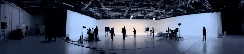 A wide shot of a large film studio with people, cameras, lights, and equipment silhouetted against a bright white backdrop, capturing a behind-the-scenes moment during filming in Turkey.