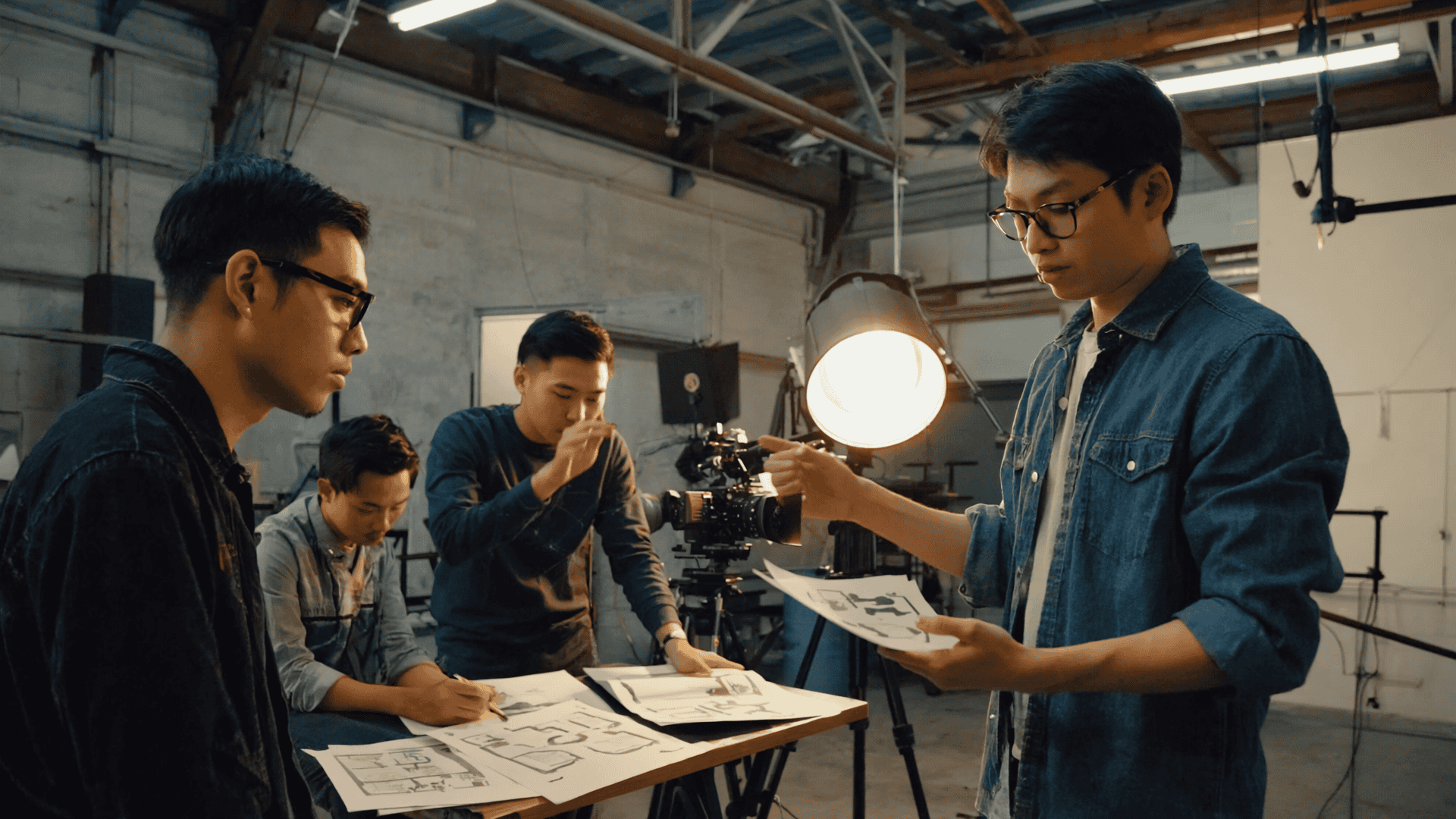 Four men and crew work together in a studio setting; one examines sketches, another operates a camera, while two others review papers at a table under industrial lighting.