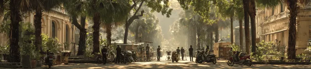 A sunlit tree-lined street with people walking and talking, bicycles and motorbikes parked along the sides, and old buildings in the background captures the lively, relaxed urban vibe perfect for Filming In Vietnam.