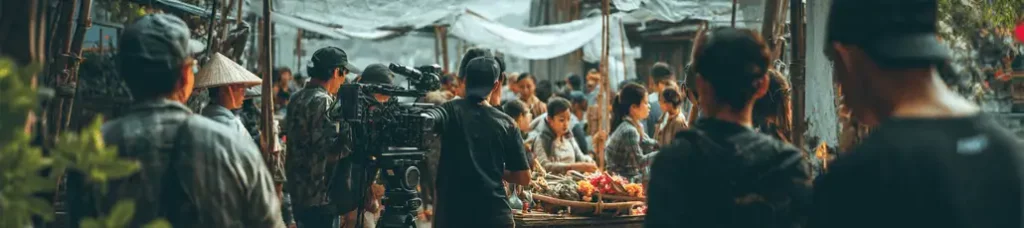A film crew records a bustling outdoor market scene while filming in Vietnam, with camera operators and people gathered around stalls displaying fruits and produce under makeshift covers.