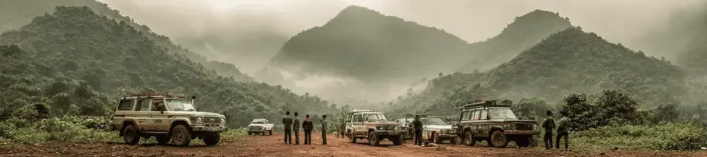 Several off-road vehicles and groups of people stand on a dirt clearing, surrounded by lush green mountains and mist—capturing the adventurous spirit of filming in Vietnam.