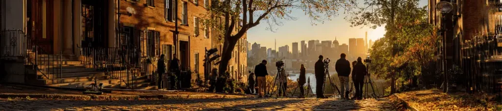 A group of photographers with tripods stand on a cobblestone street at sunrise, filming in Boston as golden sunlight filters through trees and historic brick buildings, overlooking a city skyline and river.