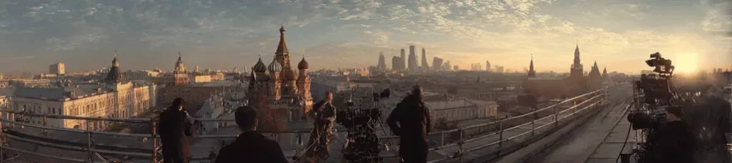 A panoramic rooftop view of Moscow at sunset captures people filming in Moscow, with historic buildings, the colorful domes of St. Basil’s Cathedral, and distant modern skyscrapers under a partly cloudy sky.