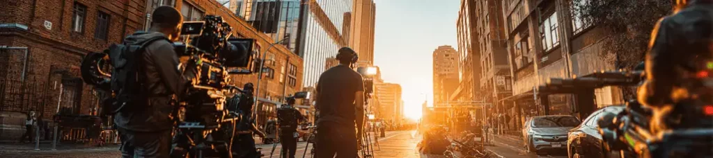 A film crew sets up cameras and equipment on a city street at sunset in Johannesburg, with buildings on both sides and people working in the warm golden light.