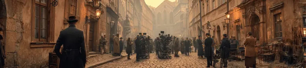 A film crew and actors in period costumes work on a cobblestone street lined with old buildings, filming in Prague to create a historical movie scene with vintage props and equipment.
