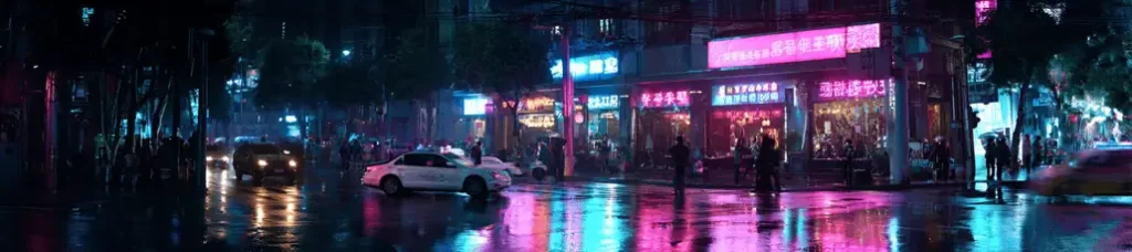 A rainy city street at night in Shanghai, with glowing neon signs in Chinese reflecting pink and blue hues on the wet pavement—perfect for filming in Shanghai, as cars and people move under the bright lights of shops and restaurants.