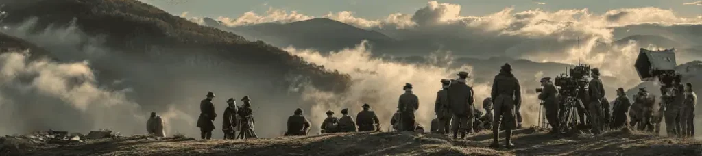 A film crew and actors in period costumes stand and sit on a misty mountain hillside at sunrise while filming in Sofia, surrounded by cameras and equipment, with dramatic clouds and distant hills in the background.
