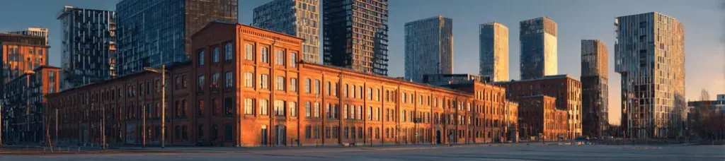 A wide view of a cityscape in Warsaw with a long, red brick building in front and tall, modern glass skyscrapers in the background, illuminated by soft sunlight—an ideal spot for filming in Warsaw.
