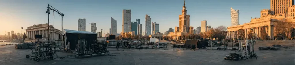 Panoramic view of a city square in Warsaw with modern skyscrapers and historic buildings; film equipment and crew set up in the open area, suggesting filming in Warsaw for a movie or TV production at sunset.