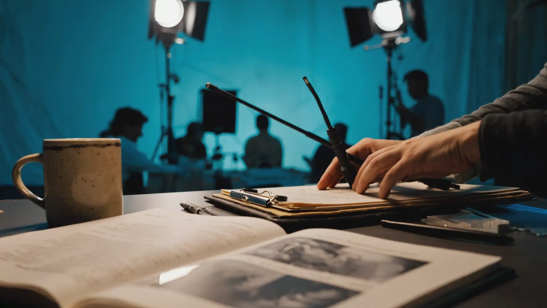 A film production assistant’s hands hold a walkie-talkie and papers on a desk with a mug, open notebook, and photos, while a film crew works in the background under bright studio lights.