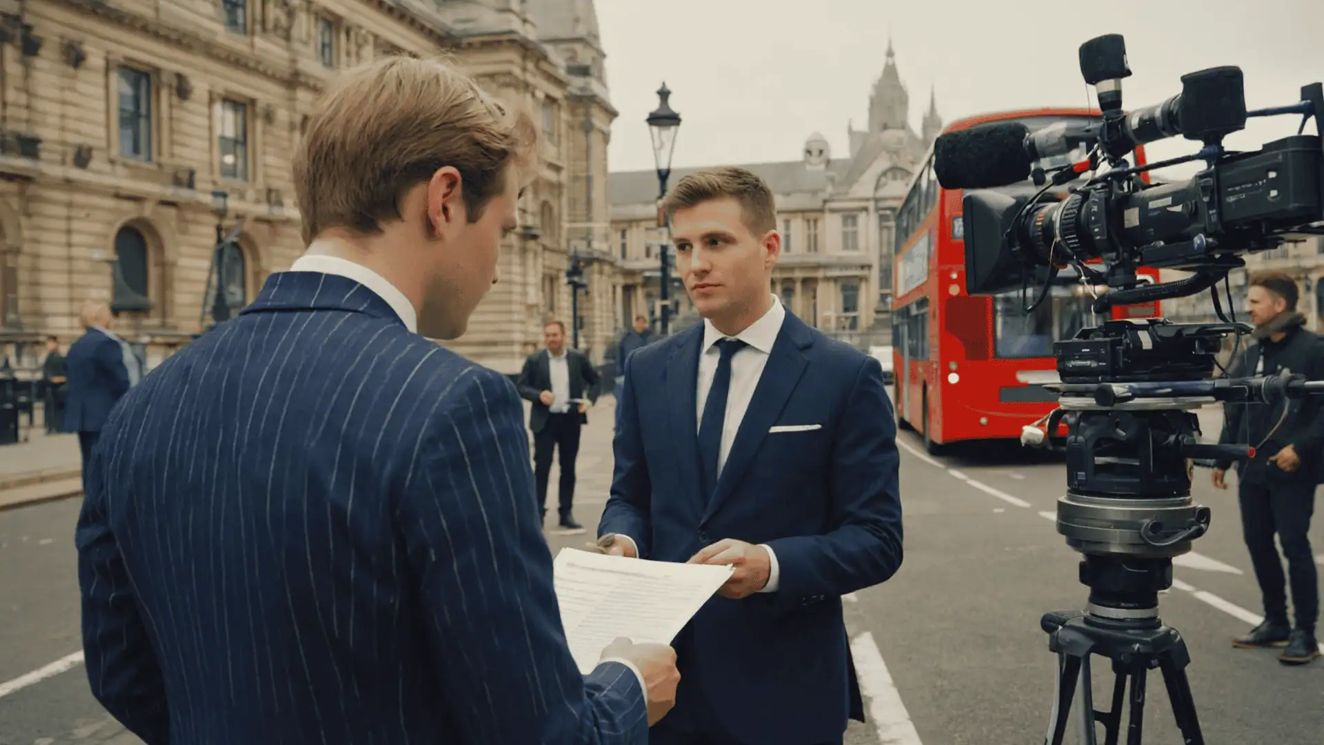Two men in suits stand on a city street, one holding papers, while a camera crew films them. Filming in London, a red double-decker bus and historic buildings appear in the background.